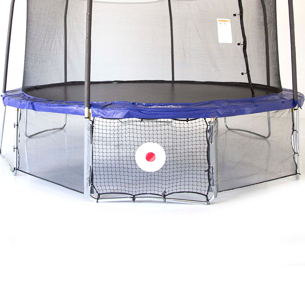 A trampoline with Kickback Game net attached to the legs of the trampoline. Kickback Game net has red and white target.