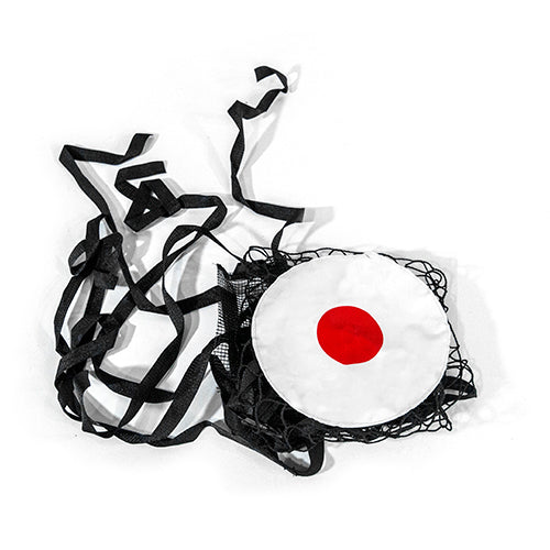 Bounce Back net is folded up tight with the black straps hanging out.