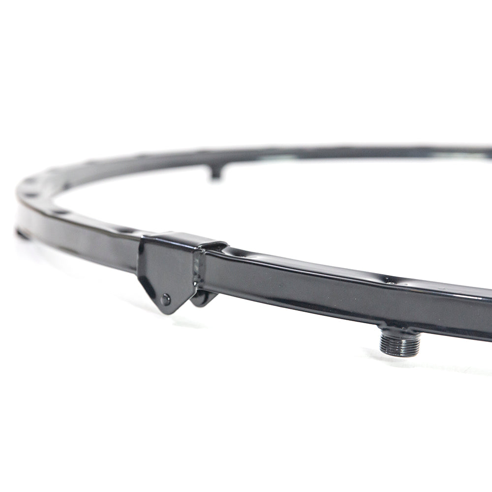 Fitness trampoline frame is made from black powder-coated steel.