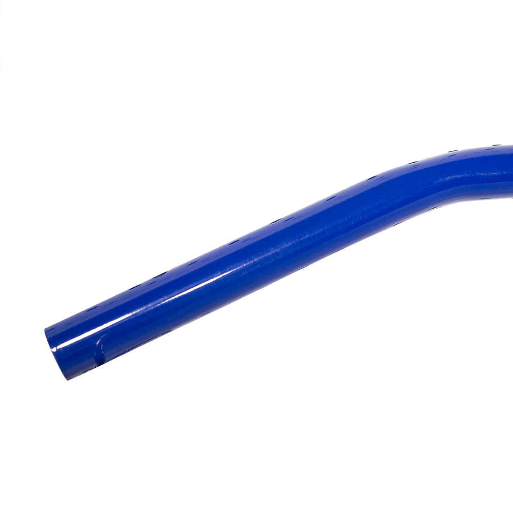 Blue powder-coated steel cross bar.