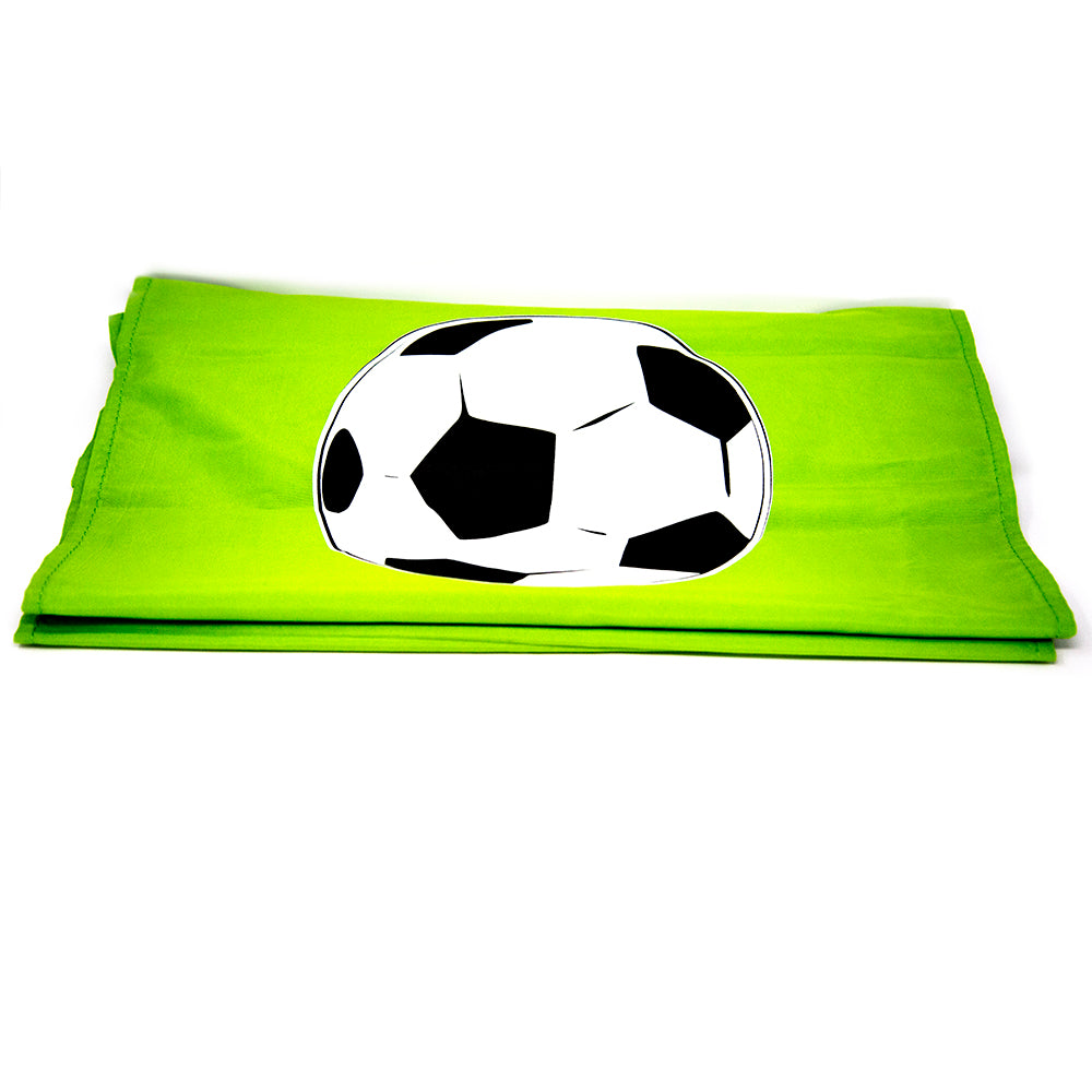 Green banner with a soccer ball design on it.