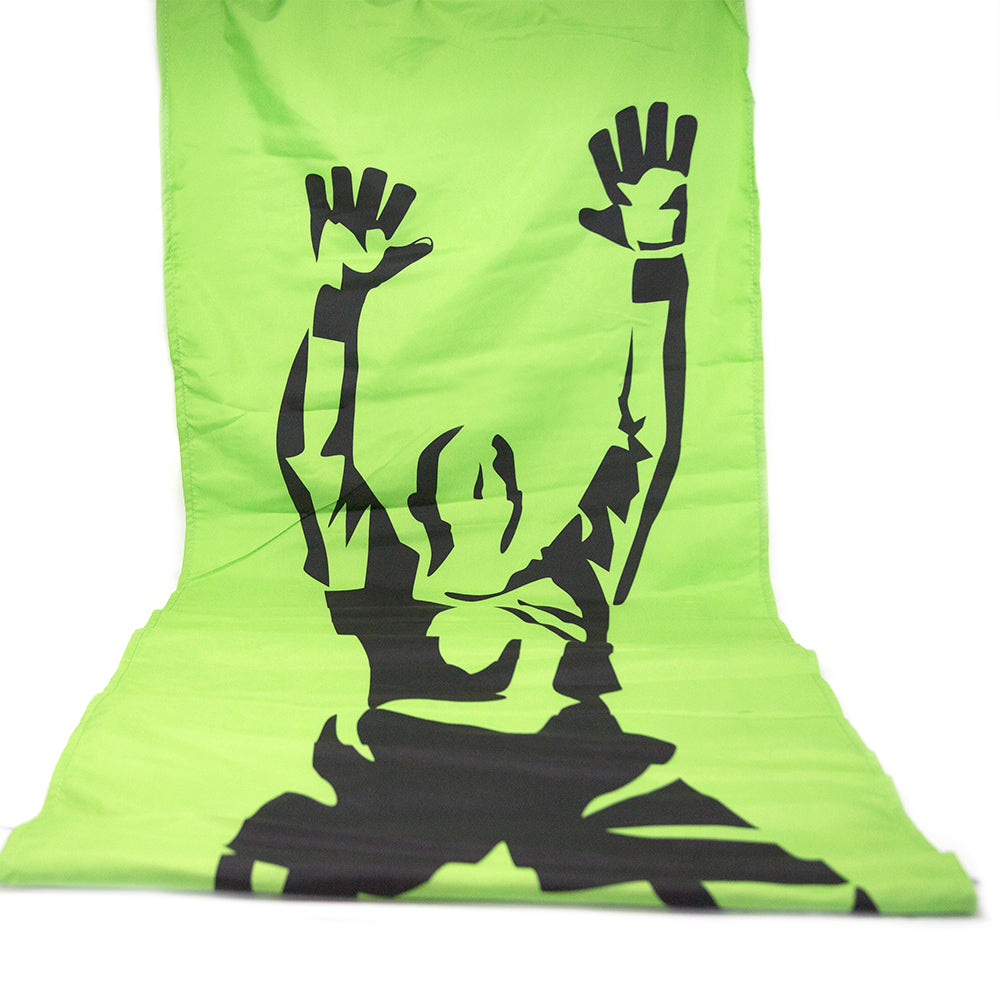 Green and black cloth banner designed to hang from the soccer goal.