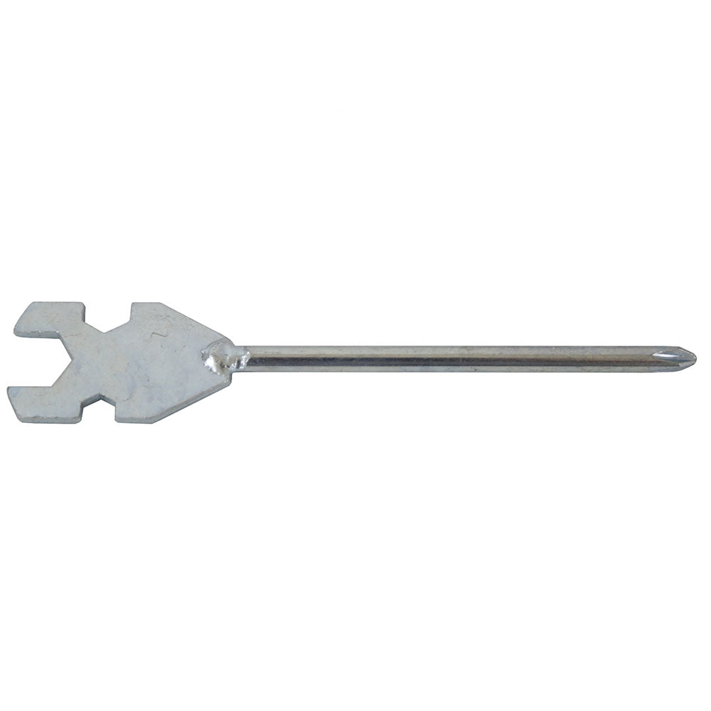 Screwdriver on one side and small wrench sizes on the other side.
