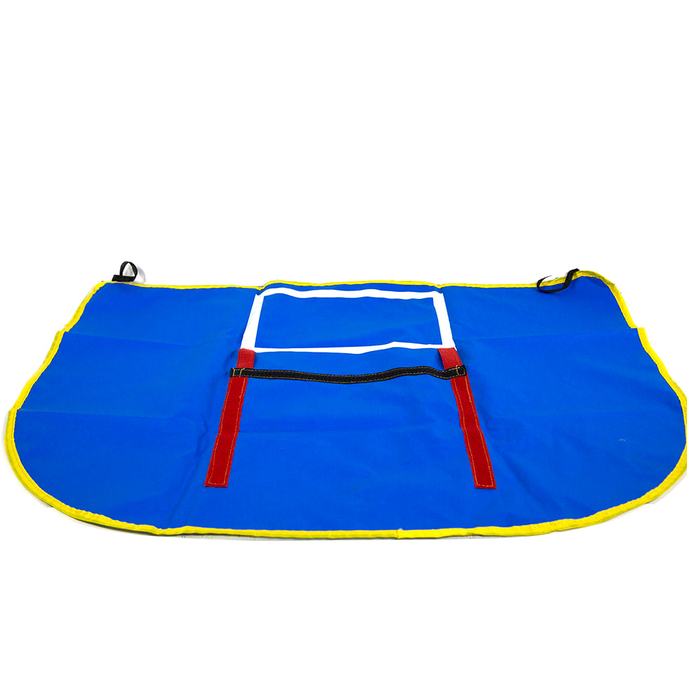 Blue basketball hoop backboard lying flat.