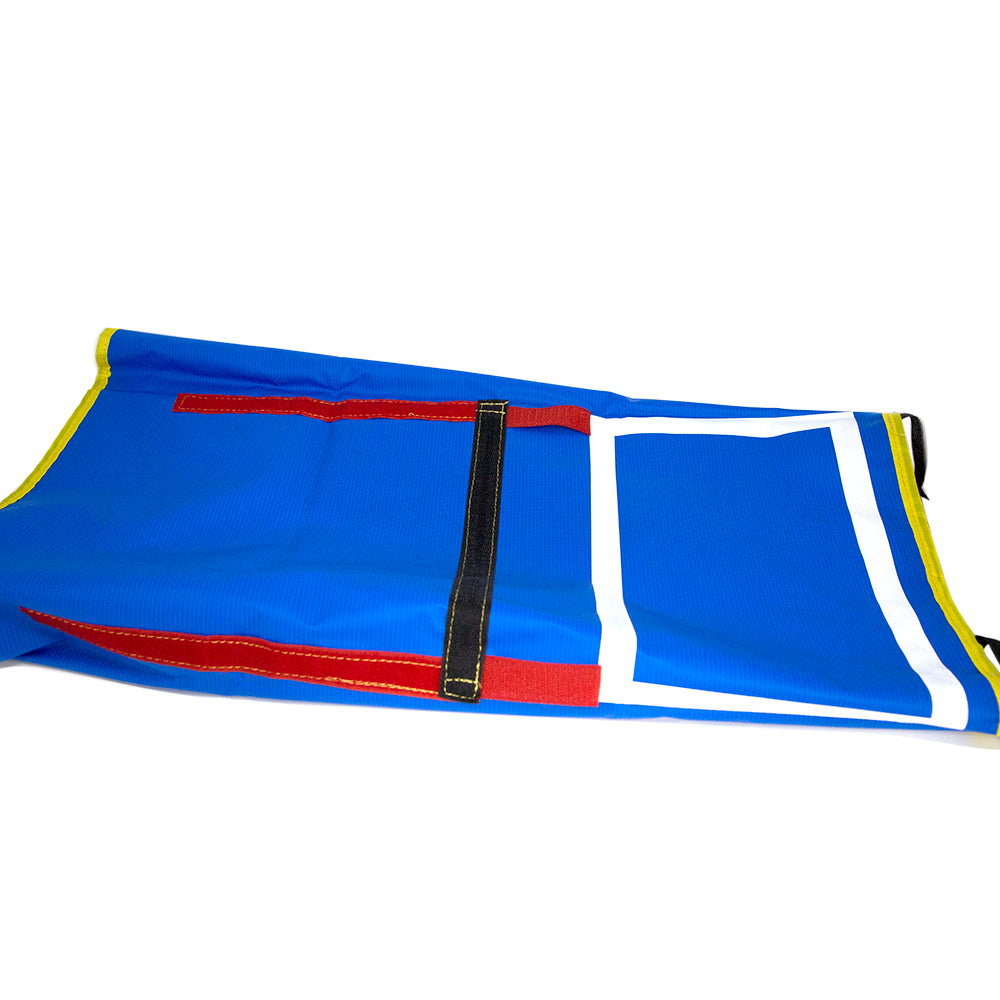 Blue backboard has red and white lines in the middle and a yellow trim.