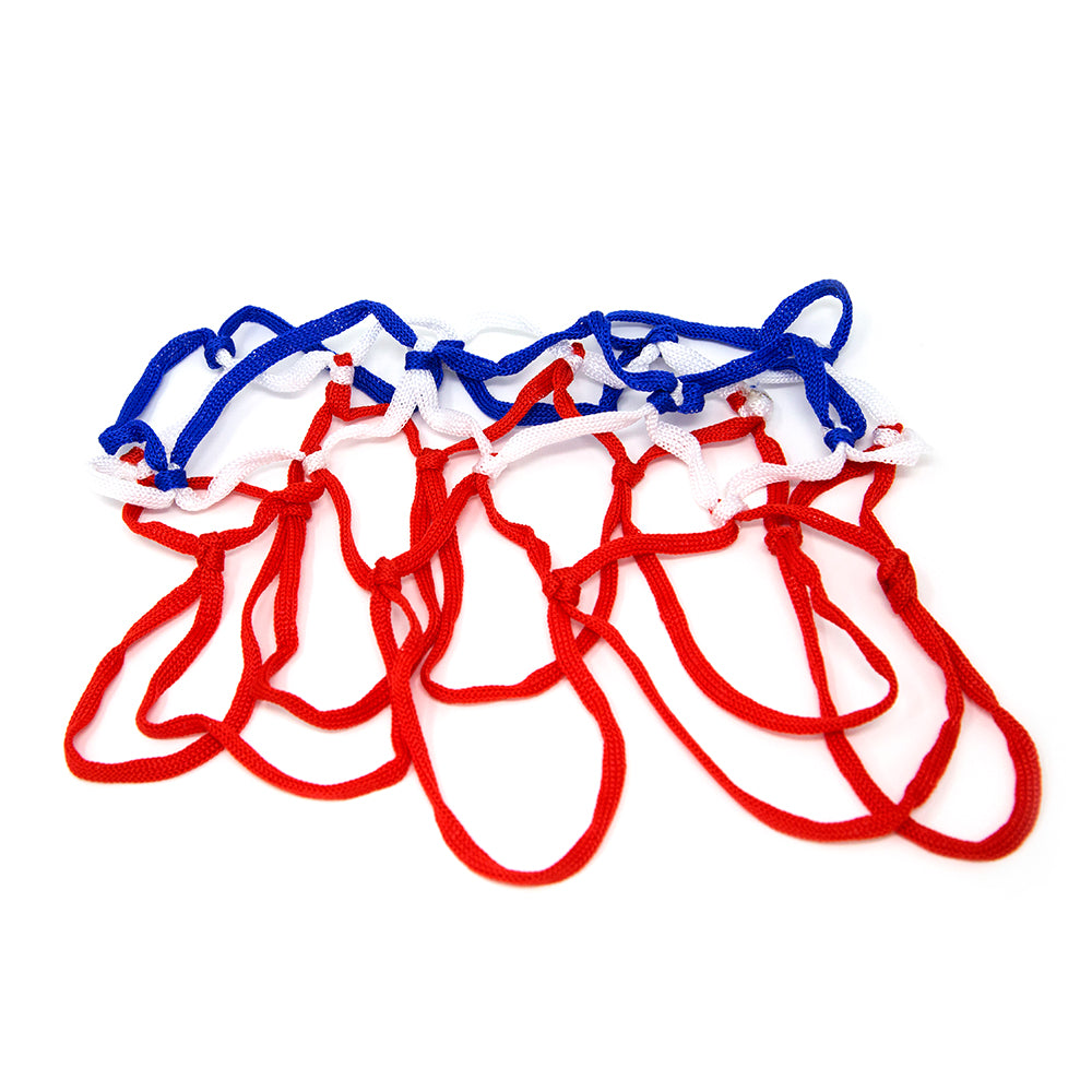 Red, white, and blue basketball hoop netting laying in a pile.