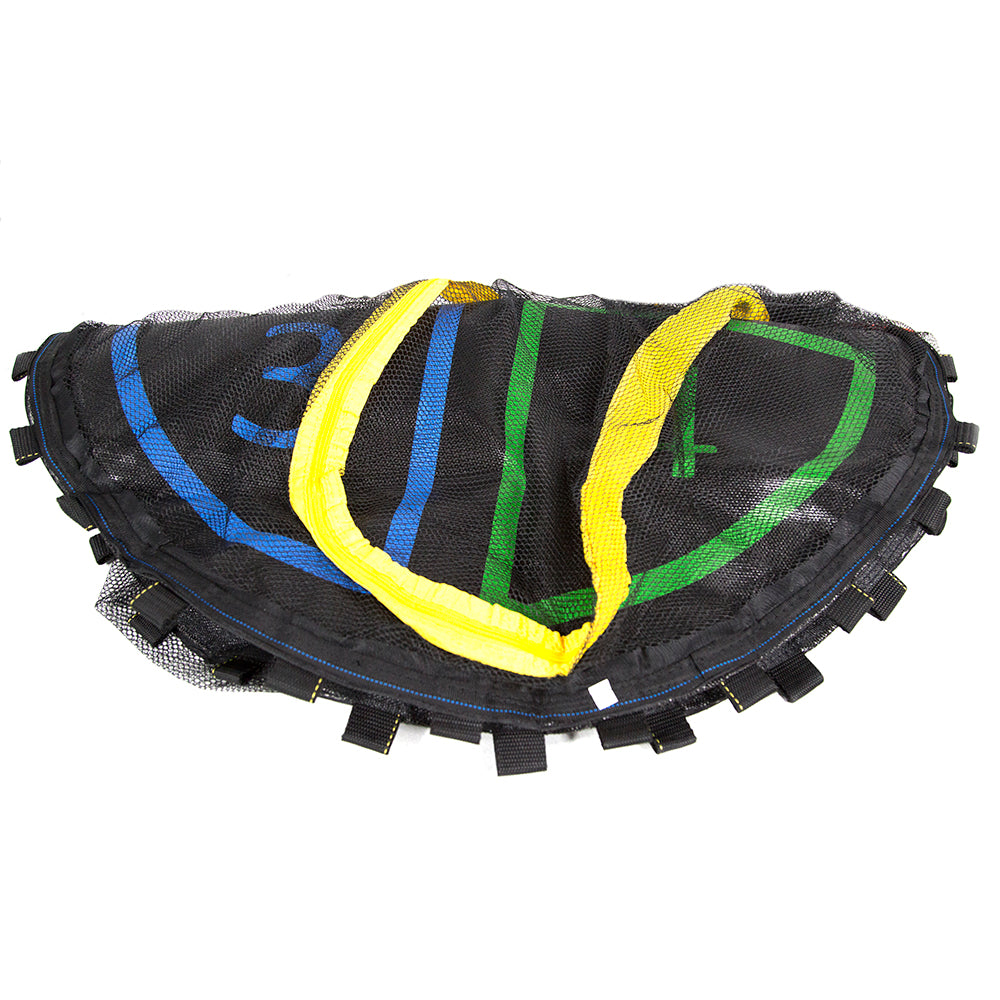 Mini trampoline jump mat with numbered quadrants and enclosure net attached.