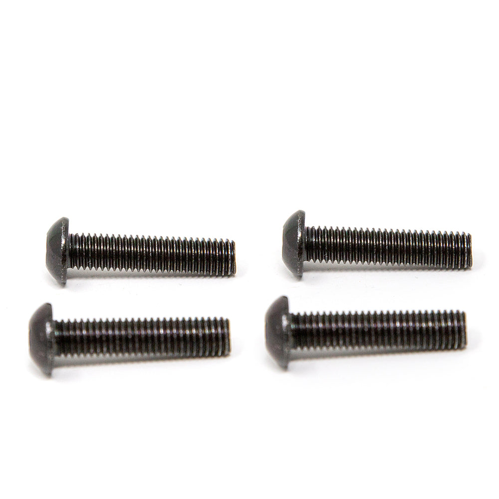 Dark colored button bolts lying down so you can see their ridges.