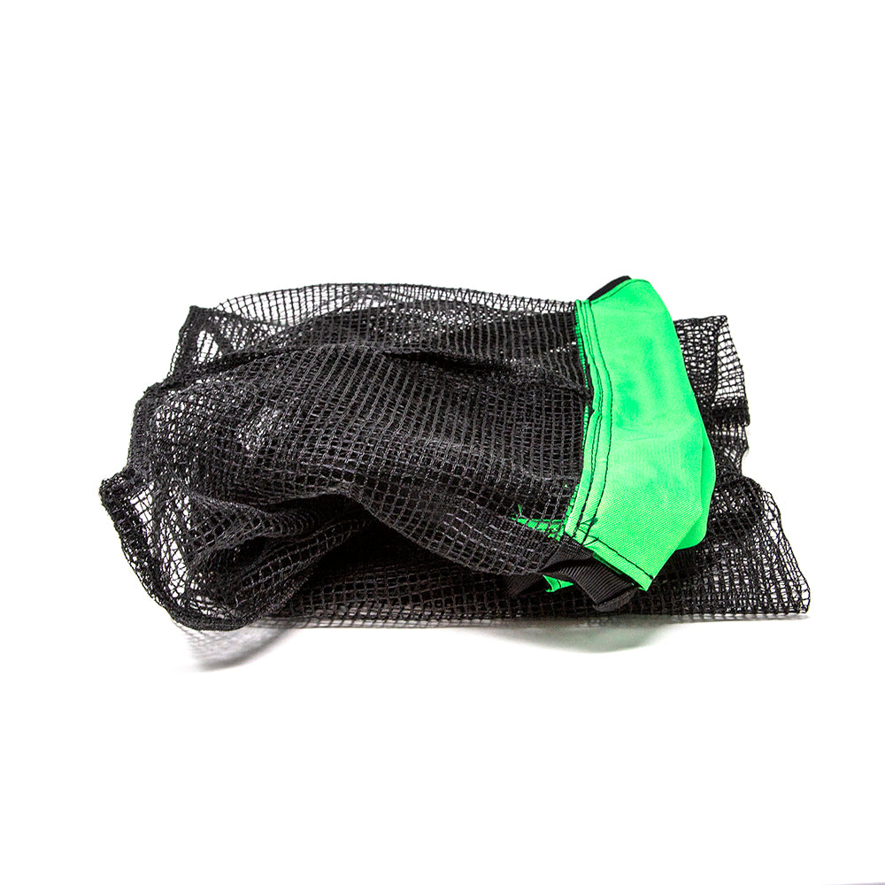 This replacement net with green sleeves forms the basket of the folding baseball and softball cart.