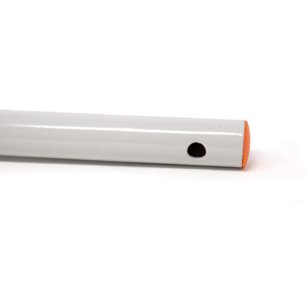 The bottom of the white handle has an orange end cap.
