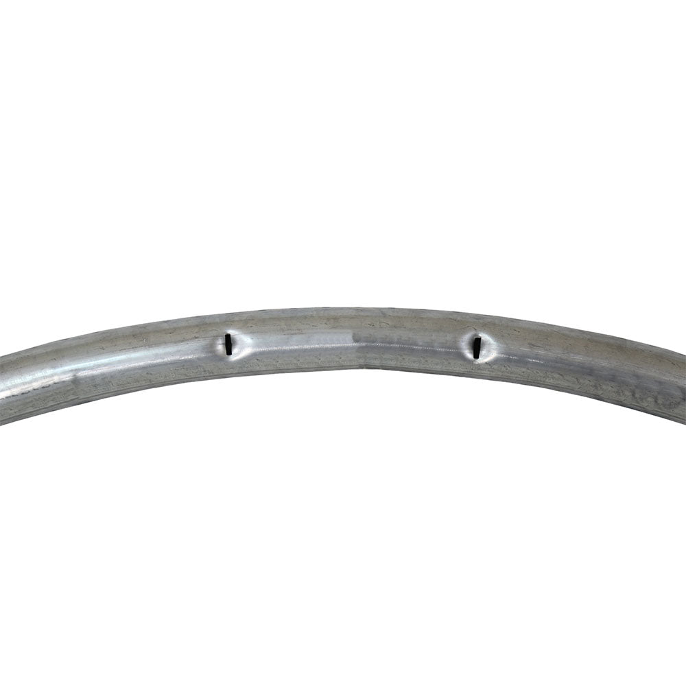 Close-up of the spring holes in the galvanized steel tube.
