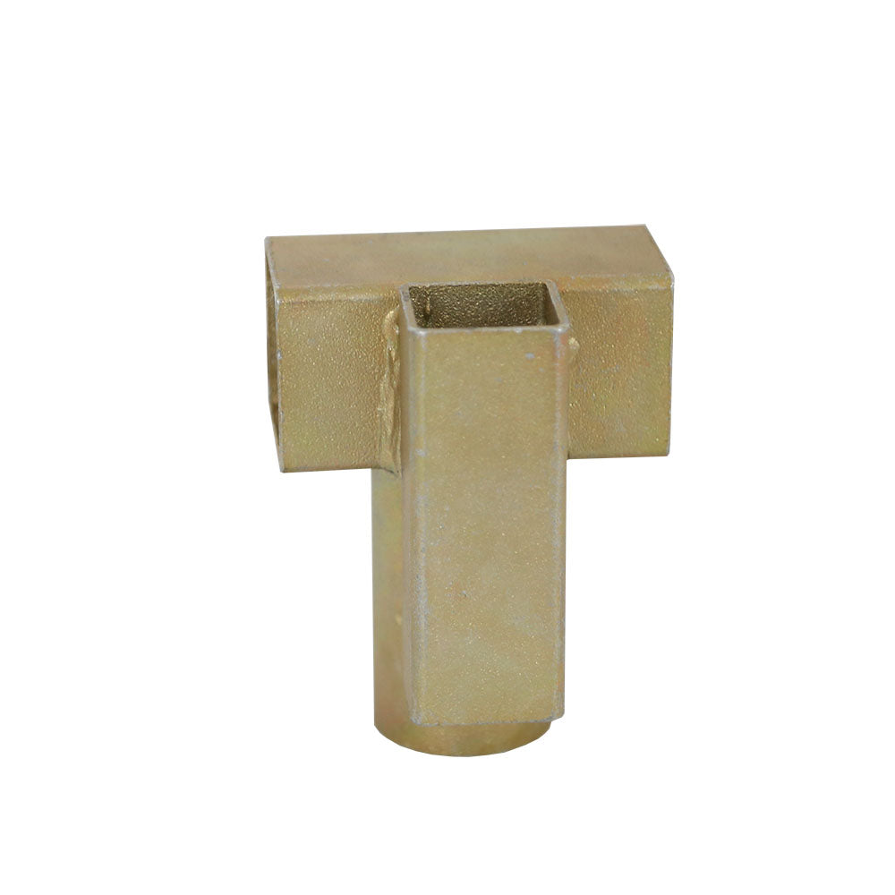 Steel T-socket joins enclosure pole, frame, and trampoline leg together.