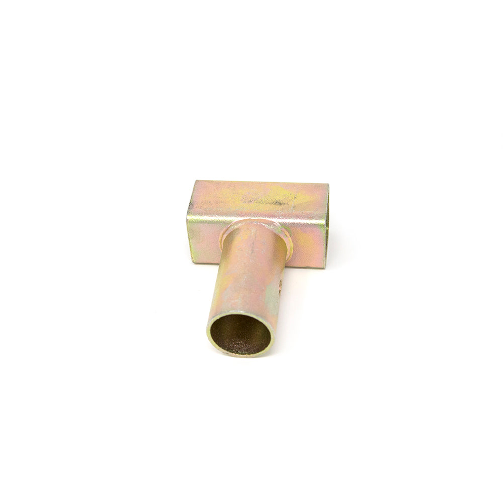 Galvanized steel T-joint lying on its side.