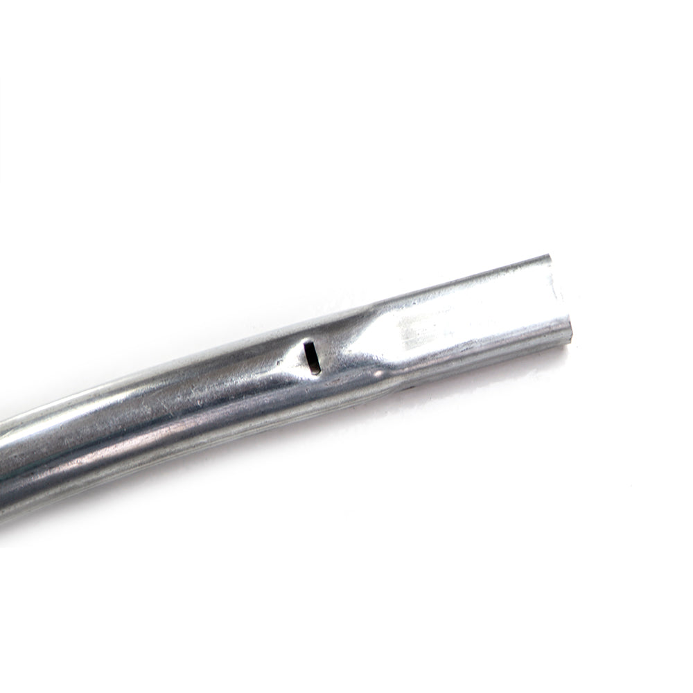Close-up view of one end of the galvanized steel top tube.