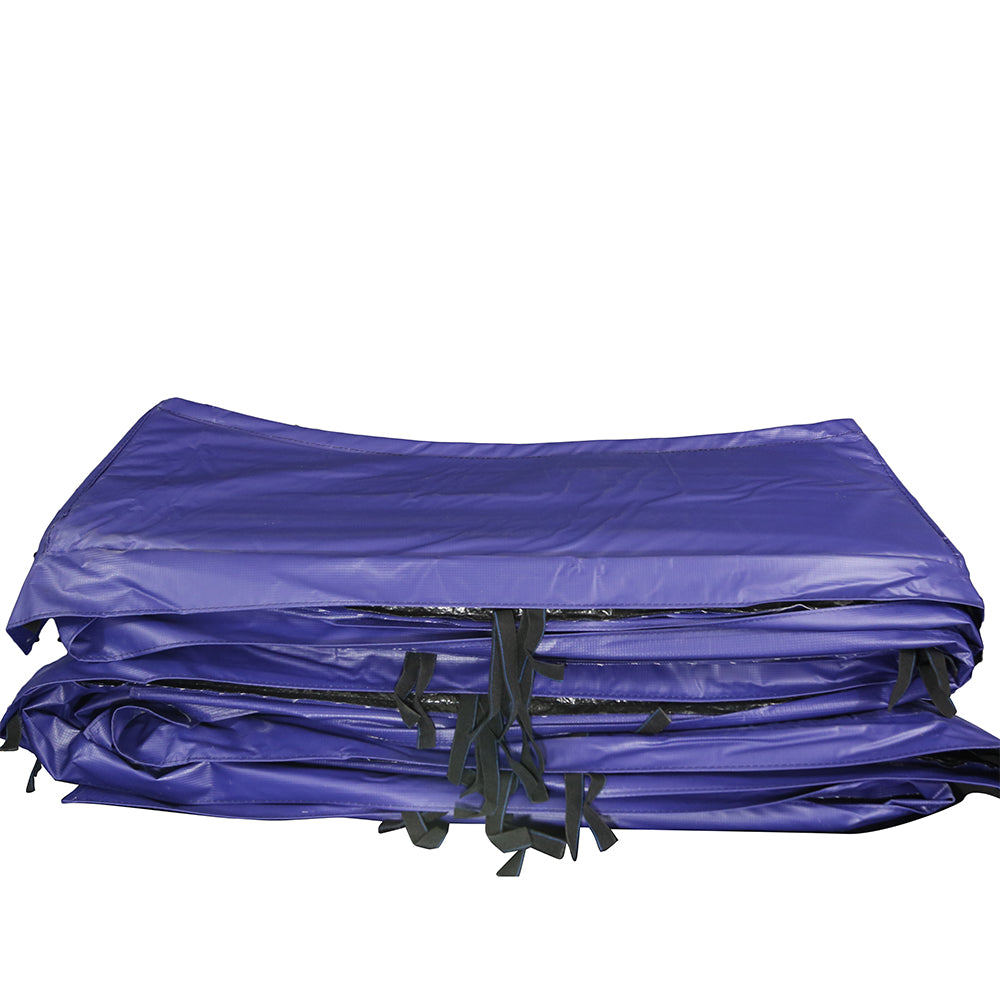 Blue PVC spring pad includes black straps for securing the spring pad to the trampoline.