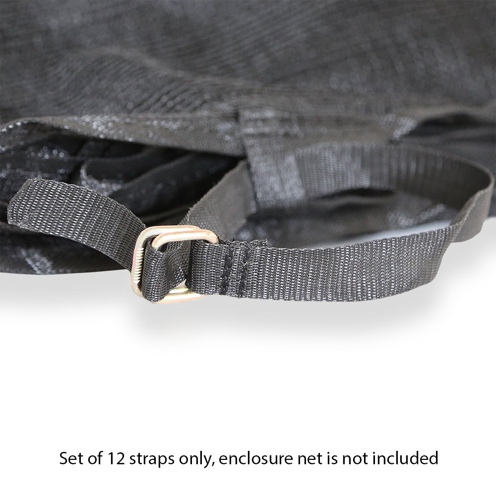 Twelve black enclosure straps with D-rings attached.