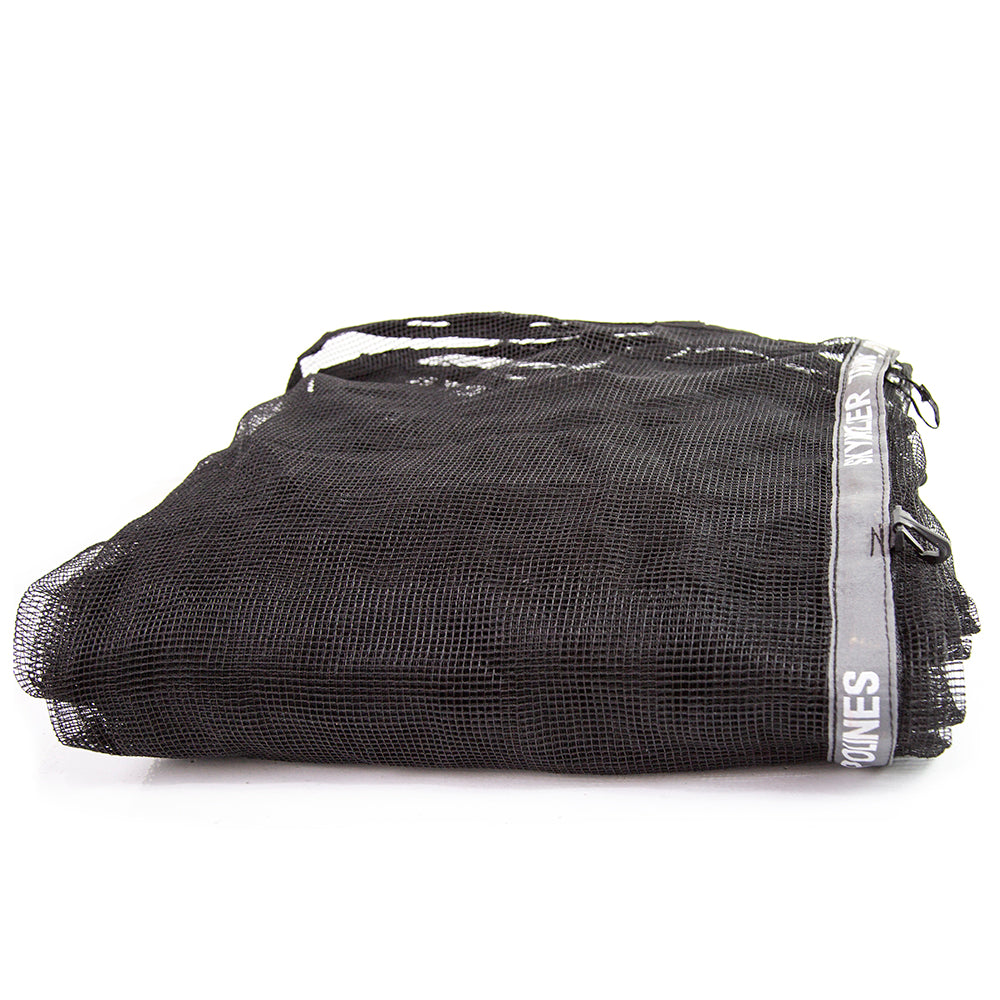 Black 11-foot cloud enclosure net with Skywalker Trampolines logo on the zipper.