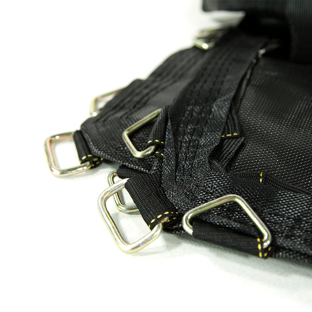 Close-up view of the D-rings and V-rings on the corner of the trampoline jump mat.