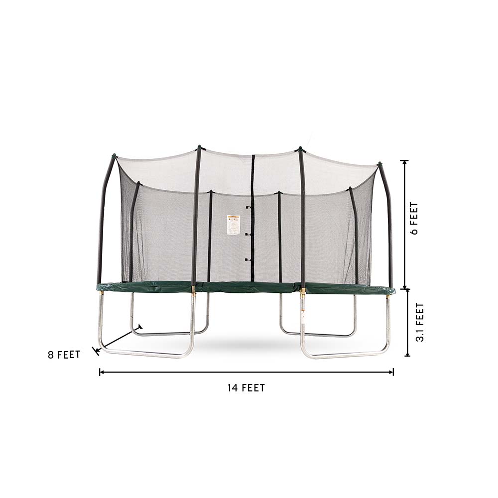 Dimension photo of the trampoline shows that it is 8 feet wide, 14 feet long, and 9.1 feet tall.