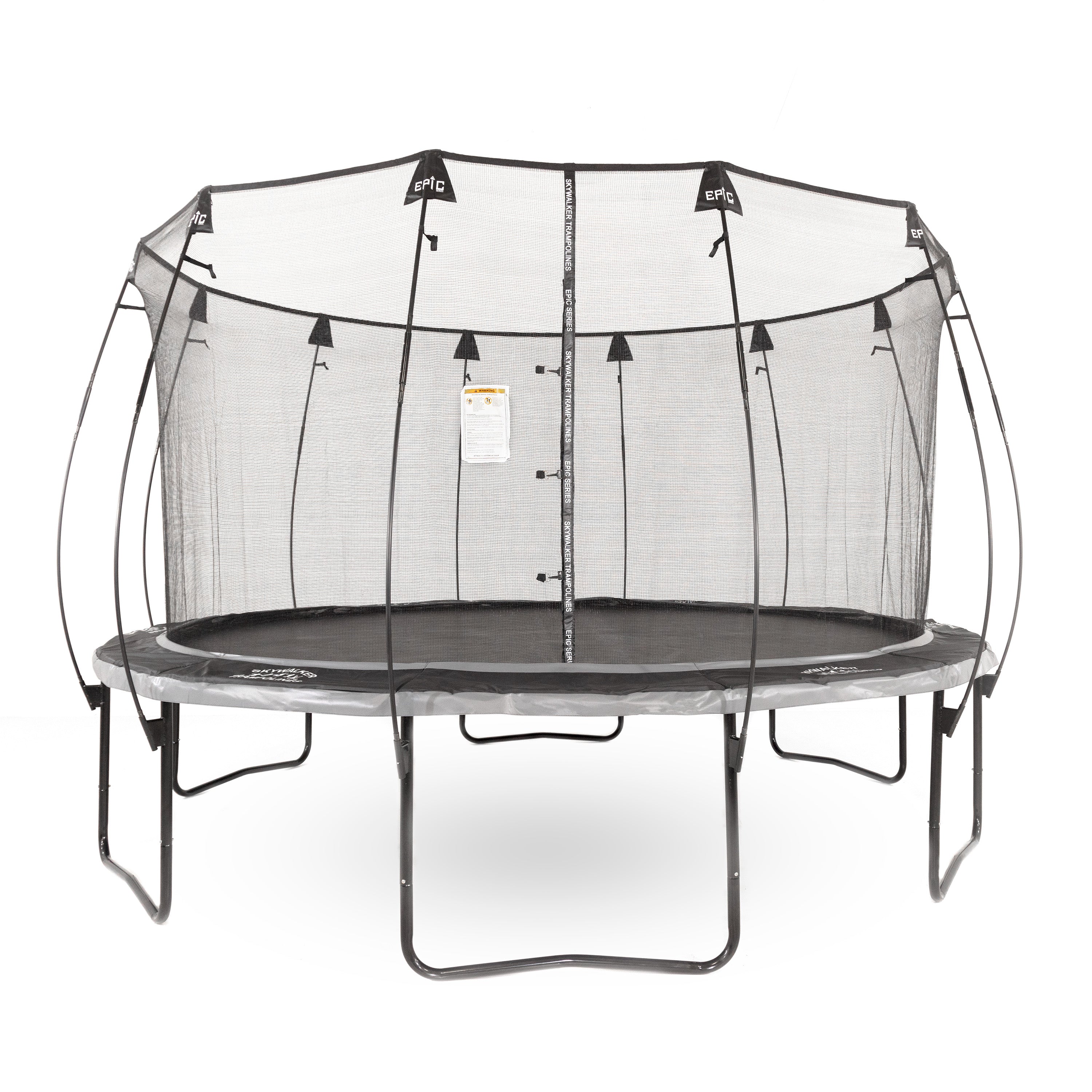 The Epic 14' Round Trampoline has a black and gray color scheme with sleek flex rod enclosure poles. 