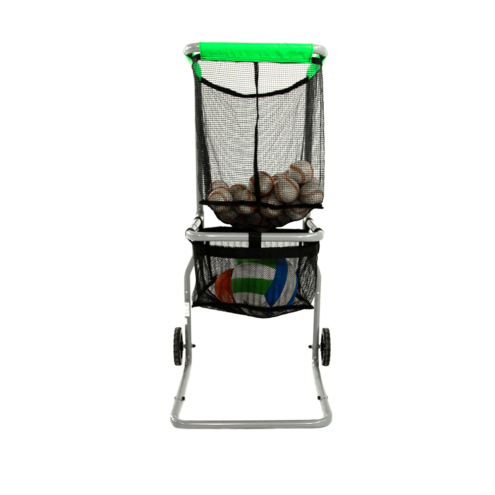 A view of the Multi-Sport ball cart straight on with baseballs and balls for other sports in the baskets.