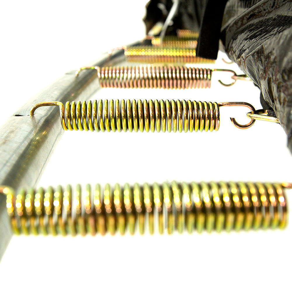 The shiny, galvanized steel springs connect to both the main frame and the jump mat.
