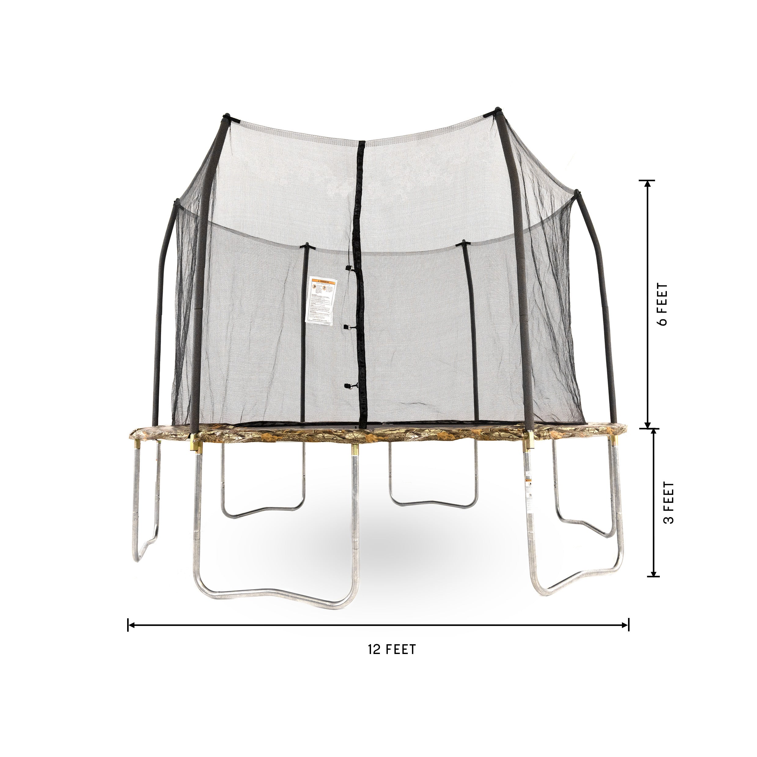 The camo trampoline is 12 feet wide, 3 feet from ground to frame, and 6 feet from frame to top of enclosure.