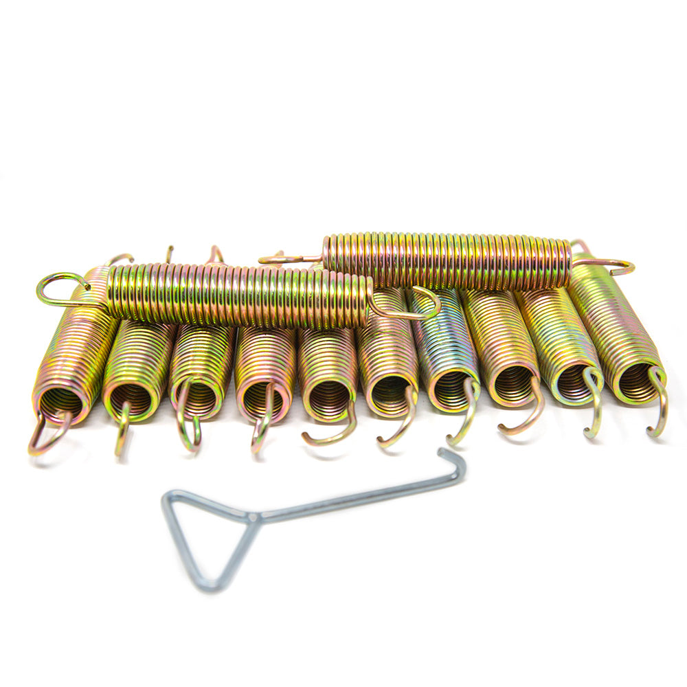 Silver-colored spring puller and 12 gold-colored trampoline springs.