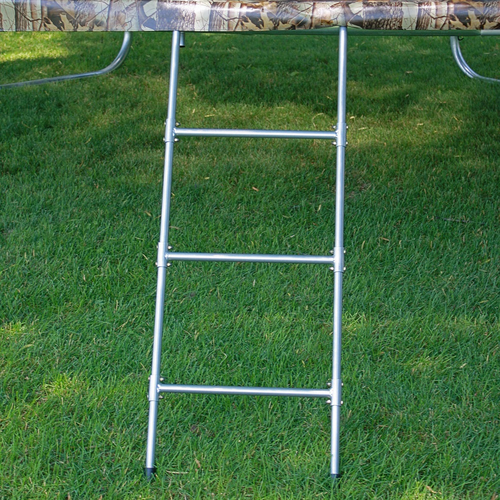 Trampoline ladder is hooked onto the trampoline. 