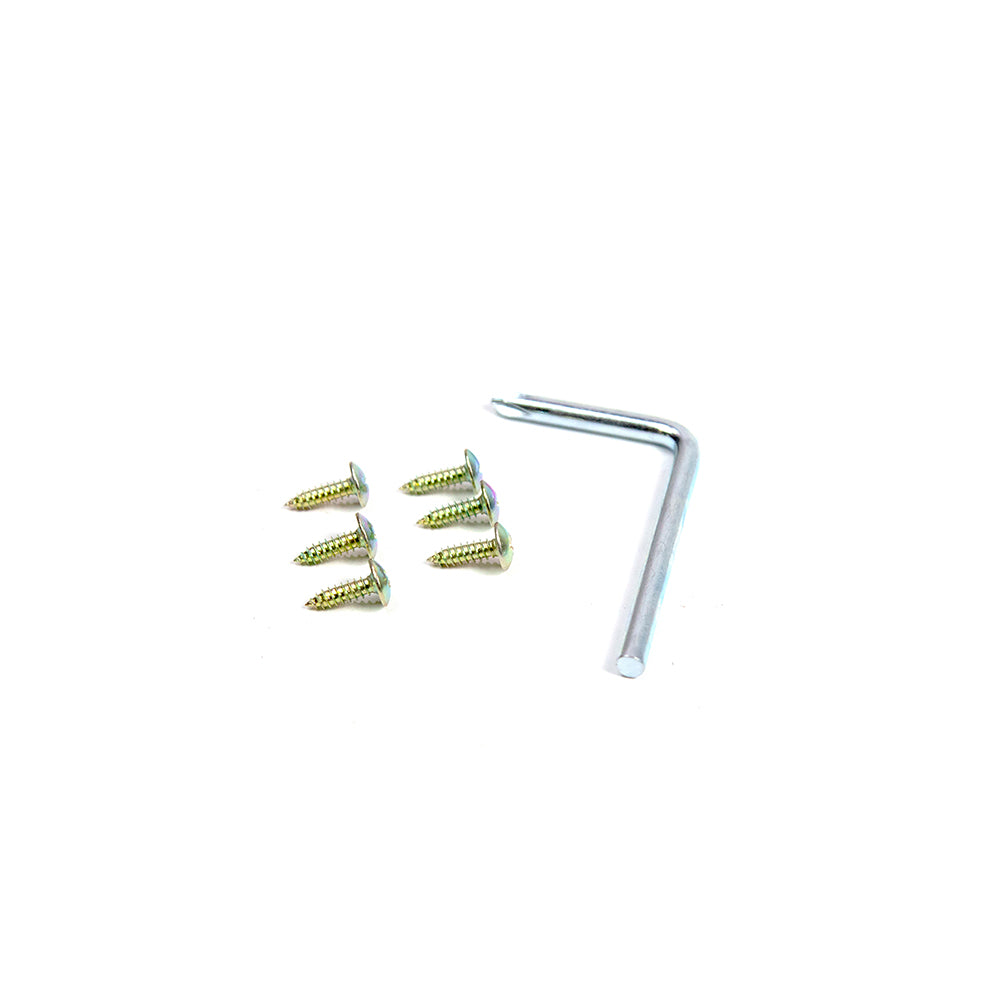 Six screws to assemble the poles and one rudimentary screwdriver.