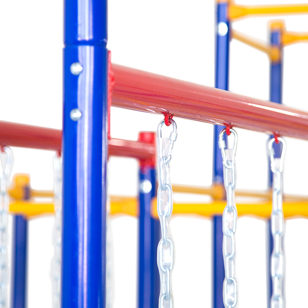 The plastic-coated chains are tightly connected to the horizontal pole above.