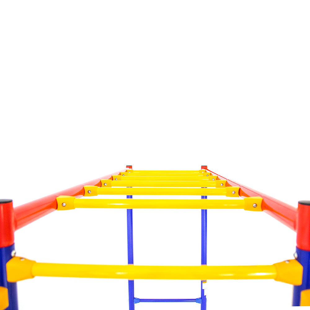 The monkey bars module has eight yellow steel rungs.