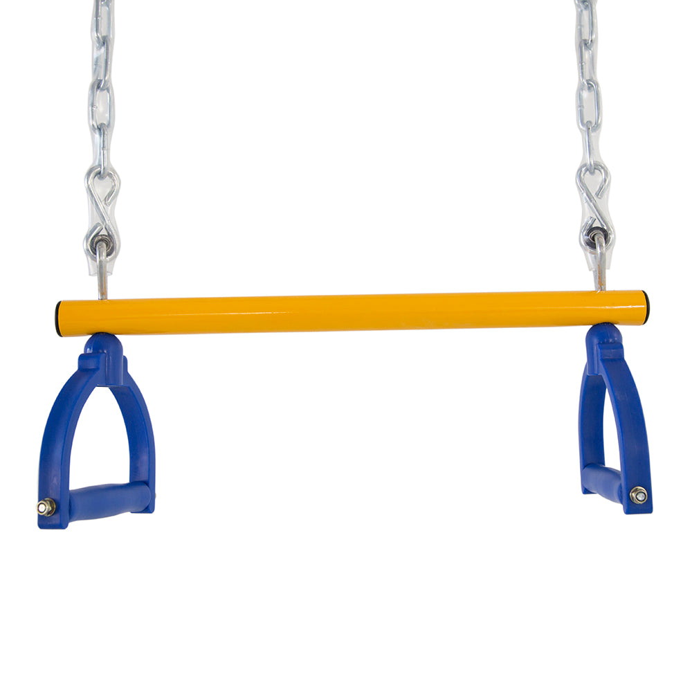 The Swing Set's trapeze bar is held up by plastic-coated chains.