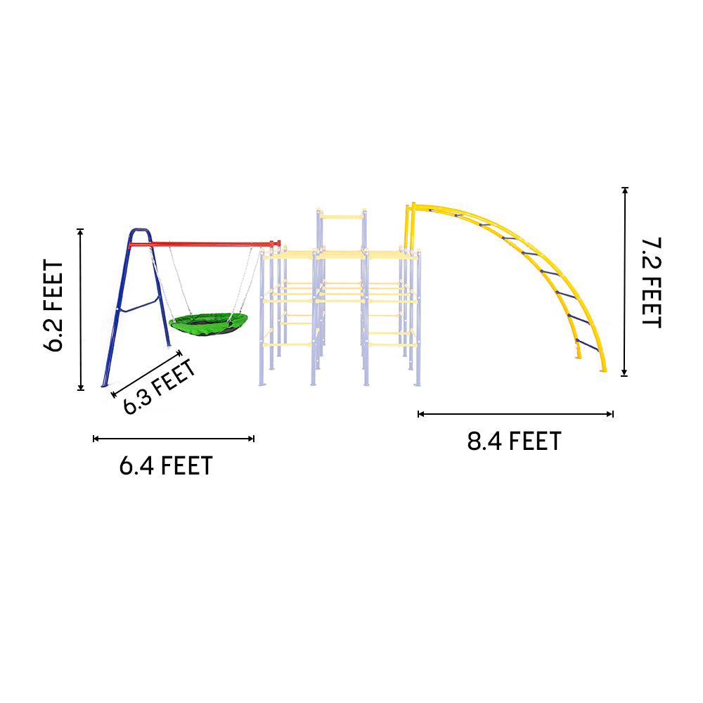 The Saucer swing is 6.3 feet long, 6.4 feet wide, and 6.2 feet tall. The Ladder Climber is 7.2 feet tall and 8.4 feet wide. 