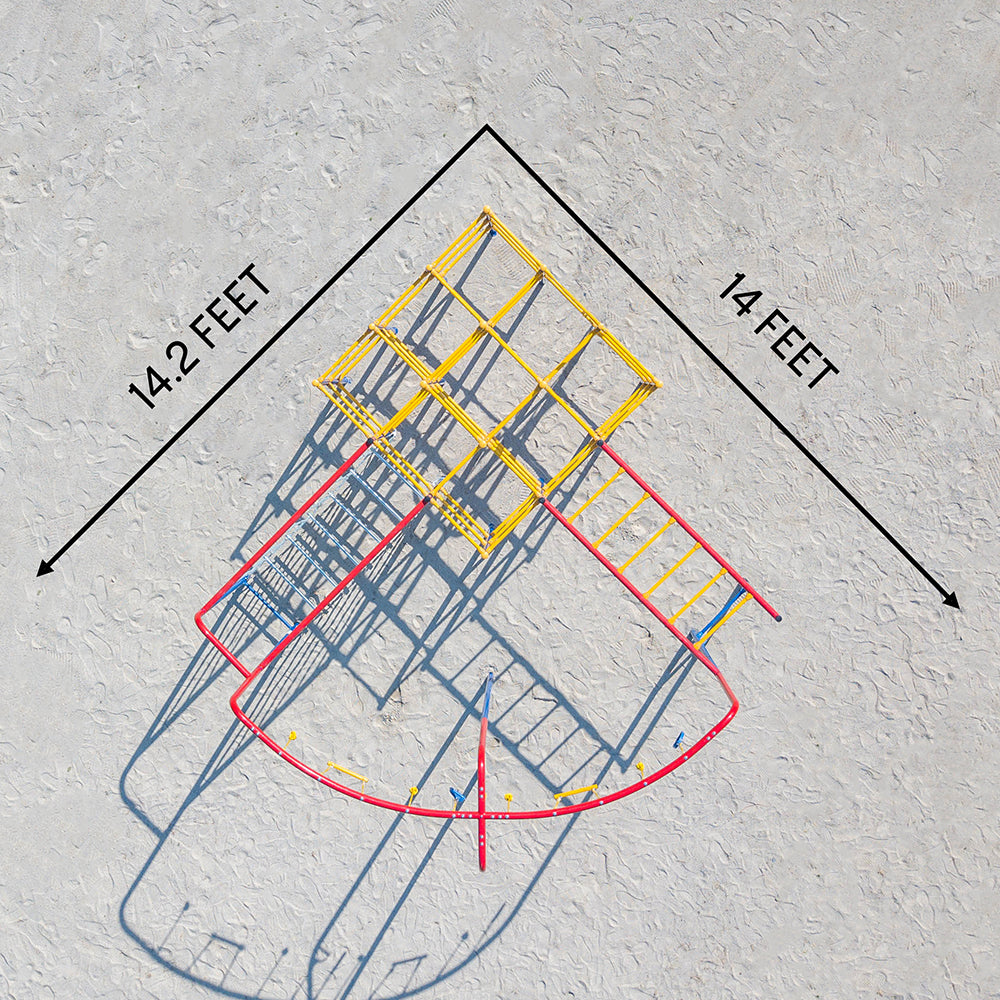 This Jungle Gym set is 14.2 feet by 14 feet. 
