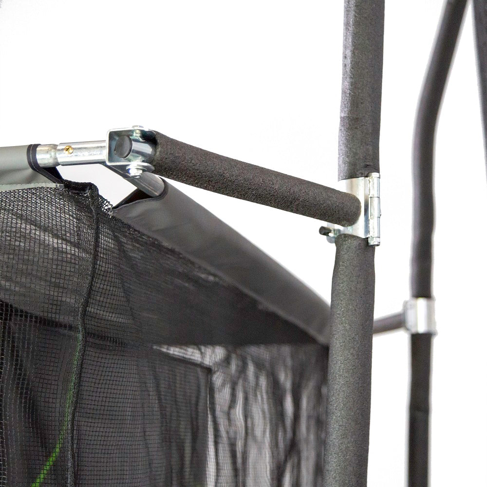 Close view of the steel pole that secures the Multi-Sport Training Net to the trampoline. 