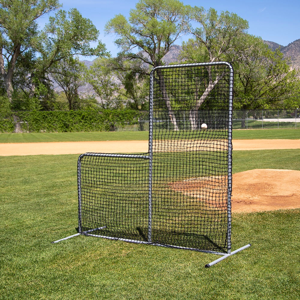 Baseball is being thrown at the Pitchers L-Screen that is 7 feet tall and 7 feet wide. 