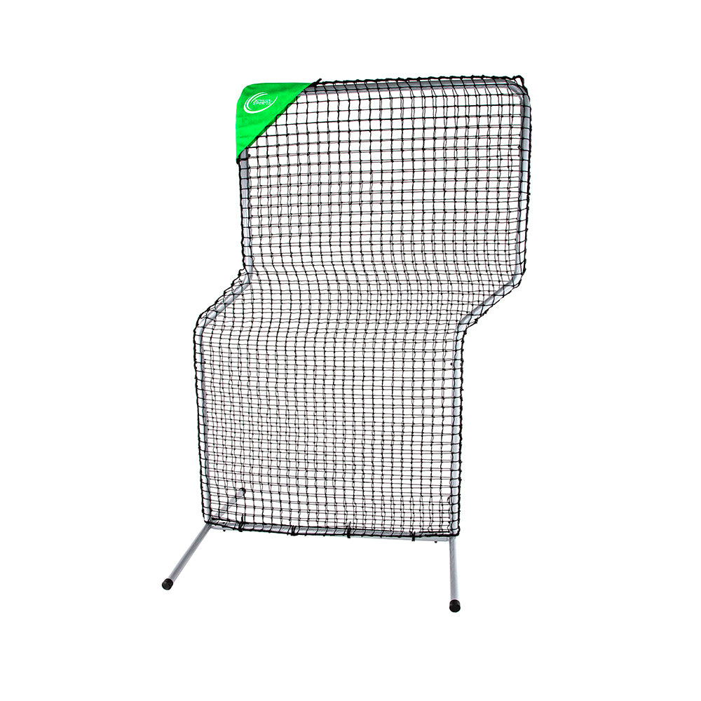 The 7-foot by 5-foot Sky Screen has a gray steel frame, black netting, and a green Skywalker Sports sleeve on one corner.