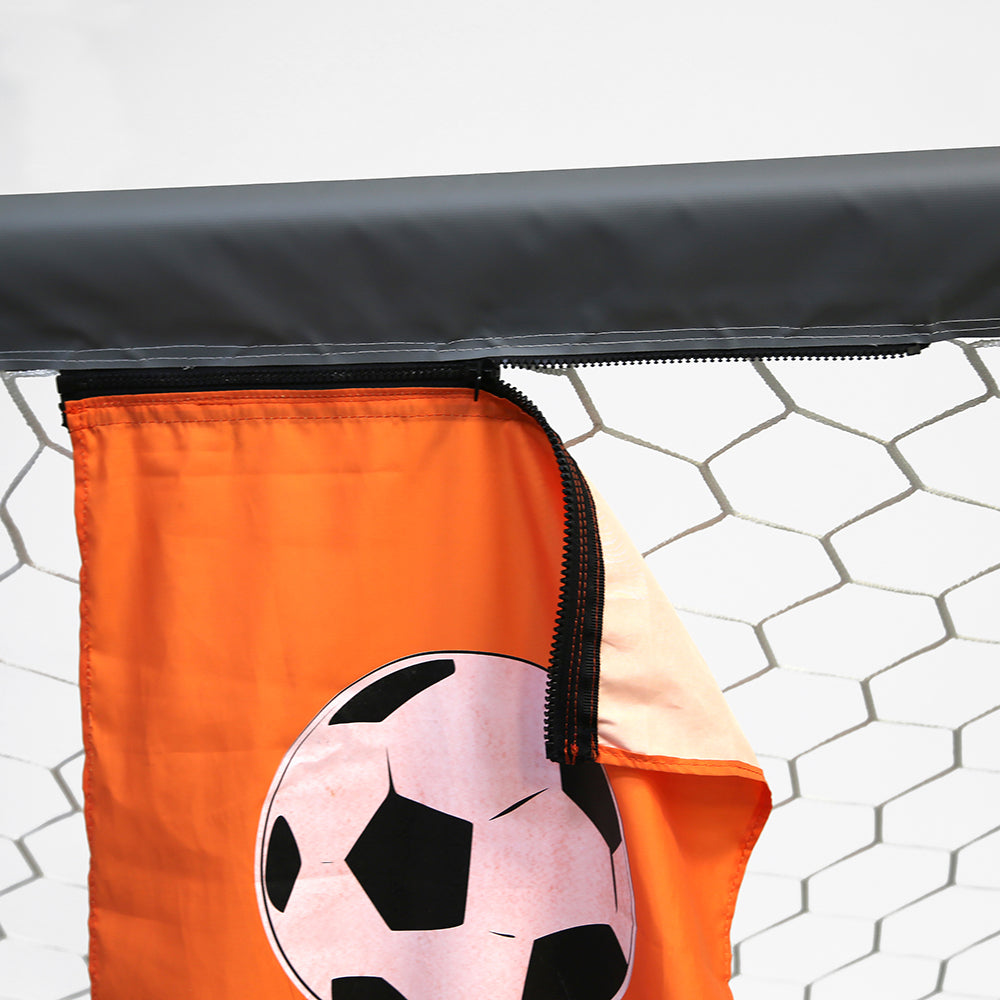 The practice banners can be unzipped and removed from the soccer goal. 