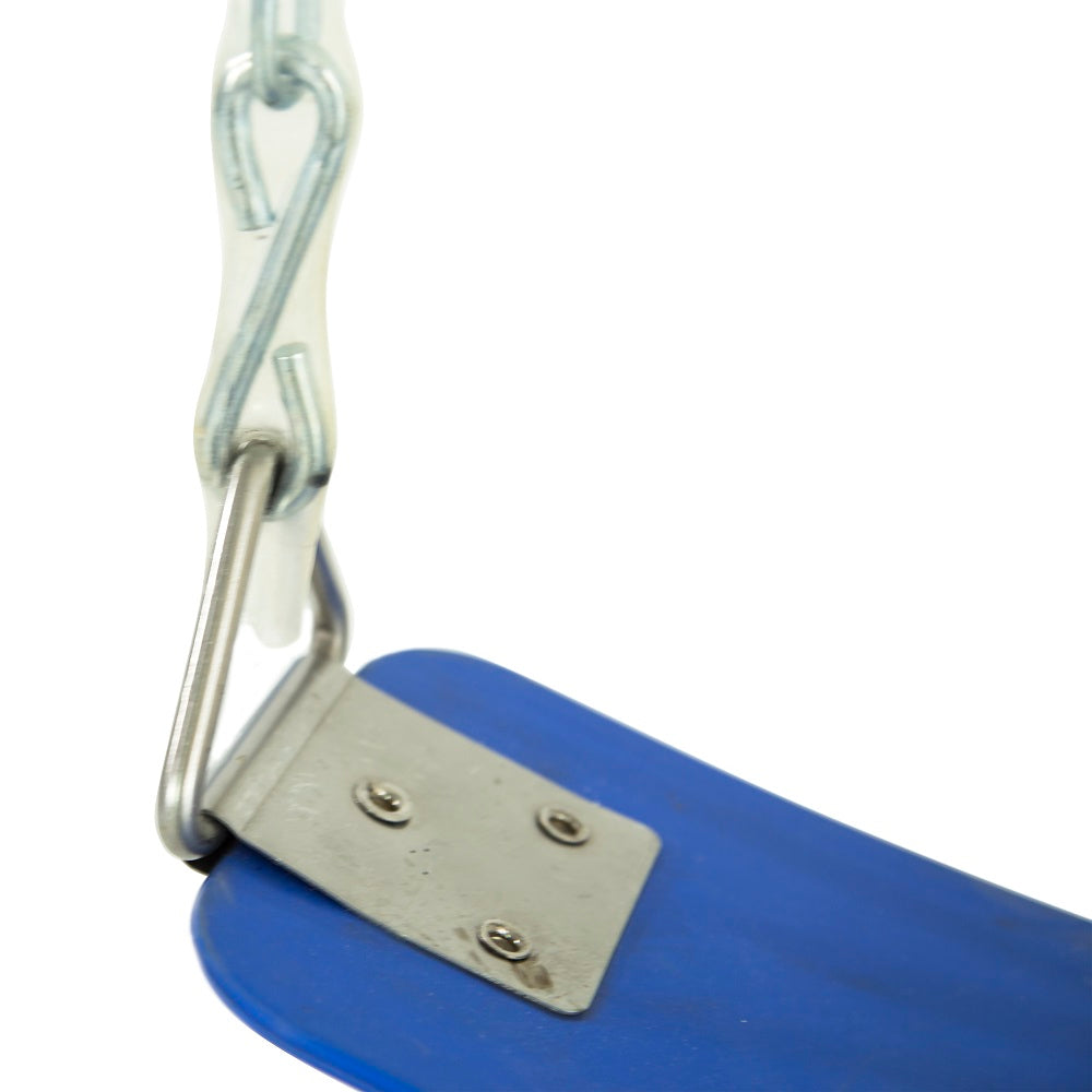 Blue plastic saddle seat swing with plastic-coated chains. 