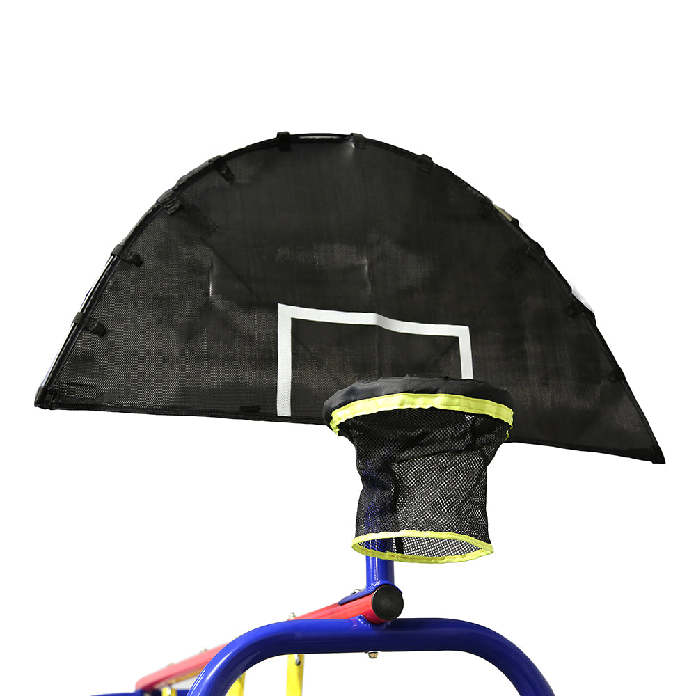The basketball hoop has a black and white backboard with a black and neon-yellow hoop.