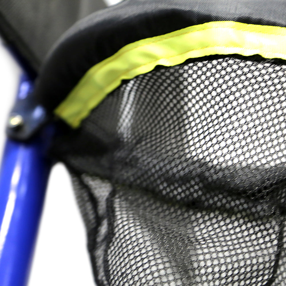 Close-up view of the mesh netting on the black and neon-yellow basketball hoop. 