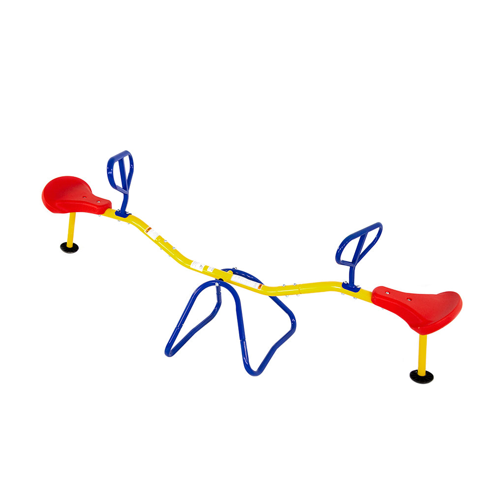 Blue, red, and yellow classic Teeter Totter with stationary base. 