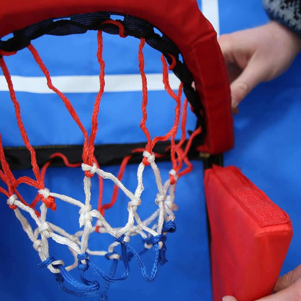 Basketball hoop rim is attached with hook and loop velcro. 