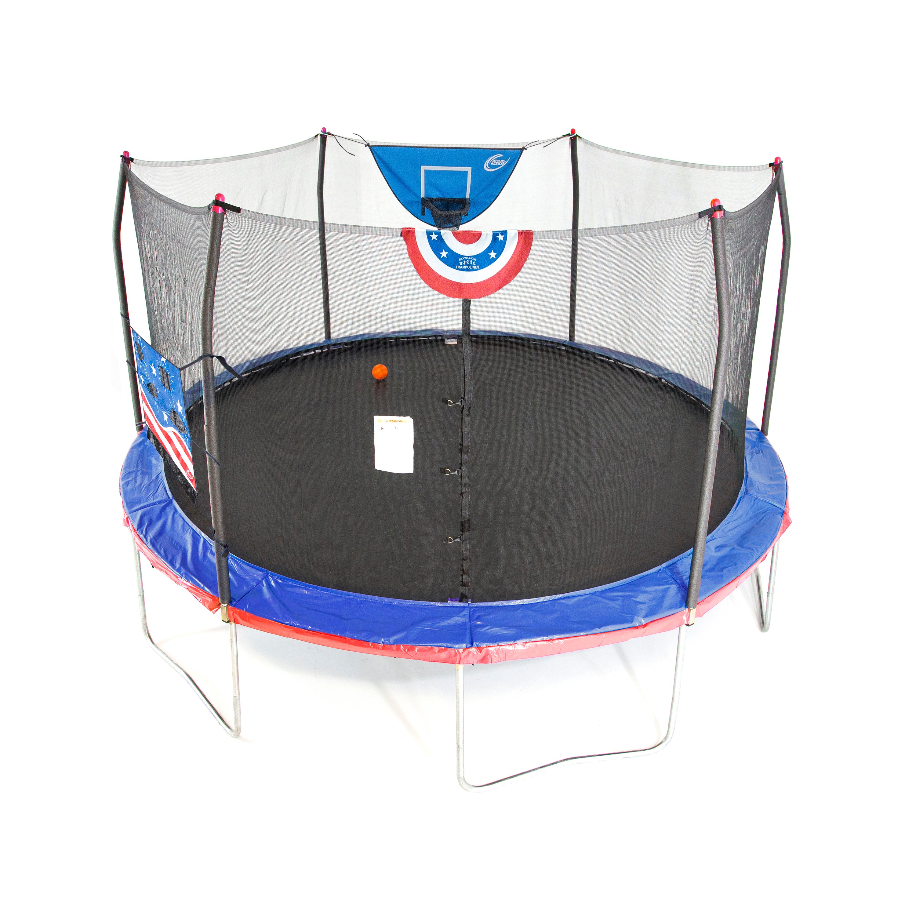 15-foot round trampoline with blue and red spring pad, blue basketball hoop, and patriotic toss game.