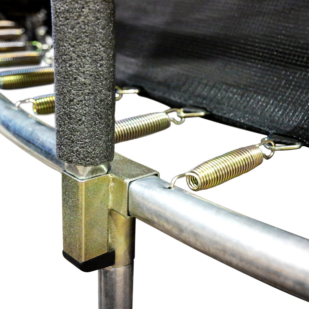 Gold-colored T-socket, shiny trampoline springs, and main frame tube.