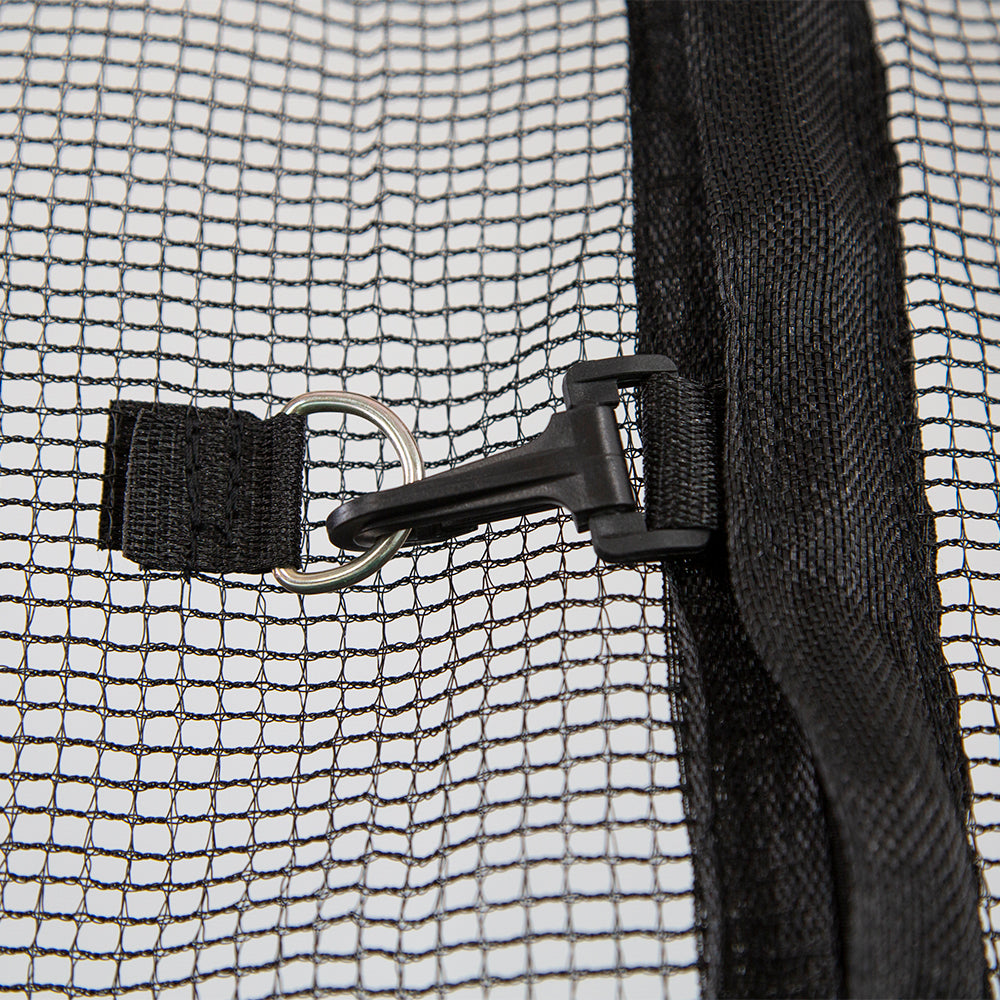Black polyethylene enclosure net clips shut for extra security.