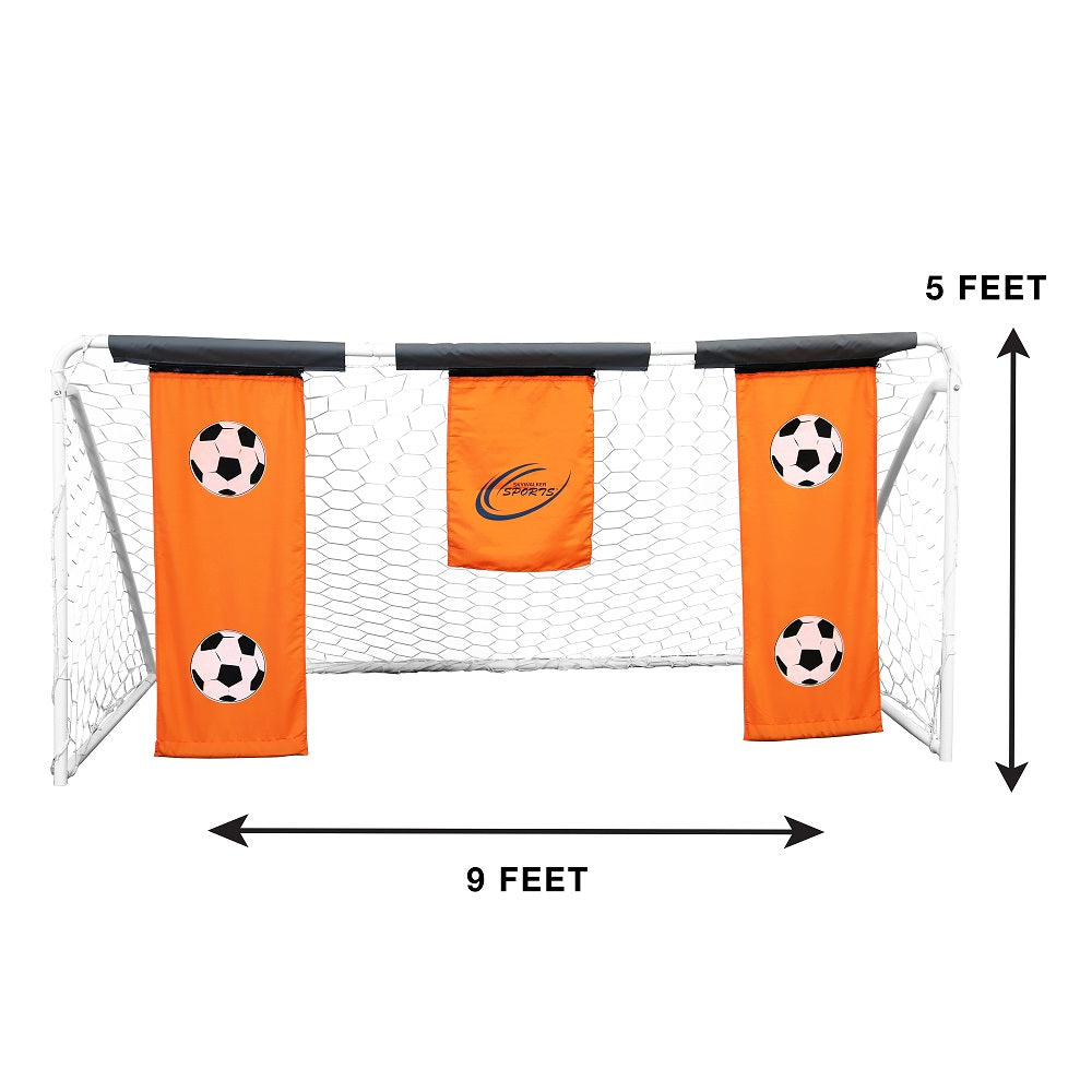 The Skywalker Sports Soccer Goal is 9 feet long and 5 feet tall. 