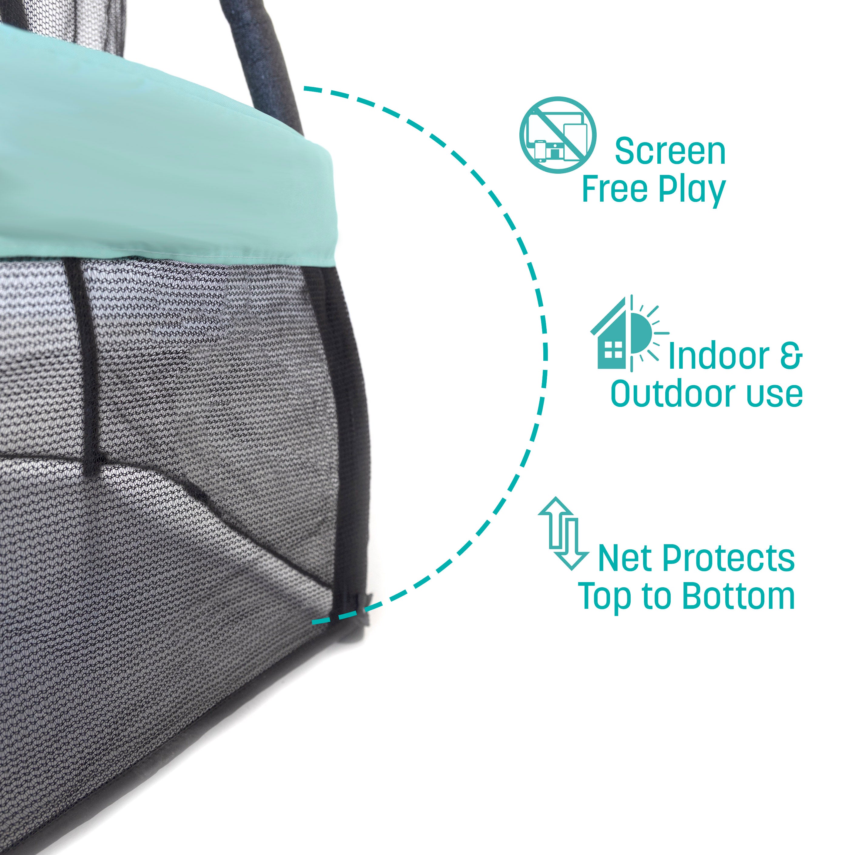 The lower enclosure net hangs below the light blue spring pad. Three callout features state, “Screen Free Play, Indoor & Outdoor Use, Net Protects Top to Bottom”.