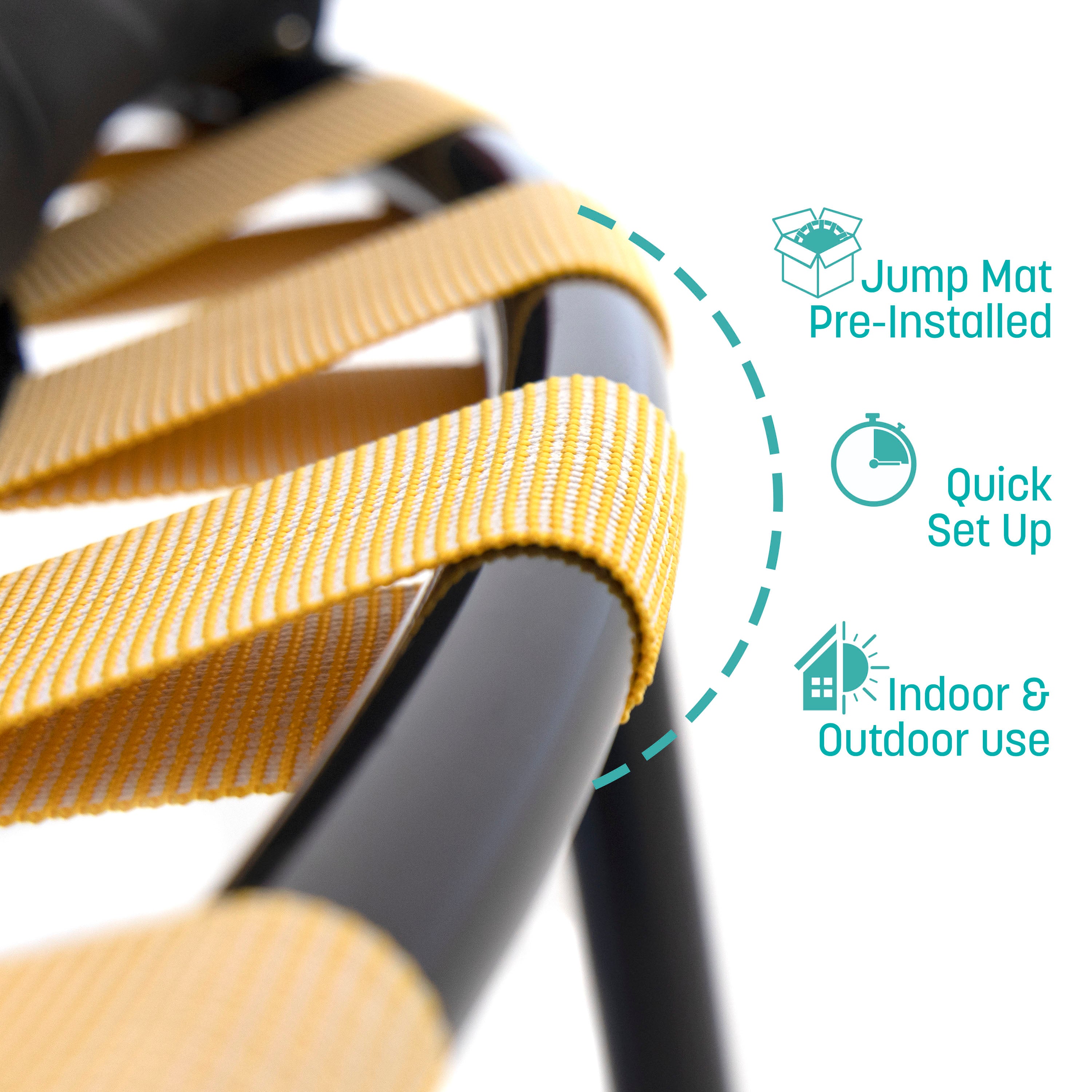 Yellow stretch bands on black frame. Teal callout features state, “Jump Mat Pre-Installed, Quick Set Up, Indoor & Outdoor Use”.
